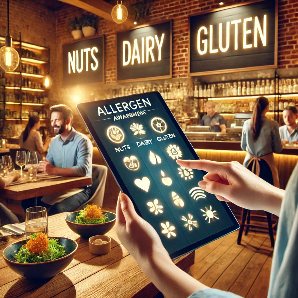 Allergens a person holding a tablet with a menu on it