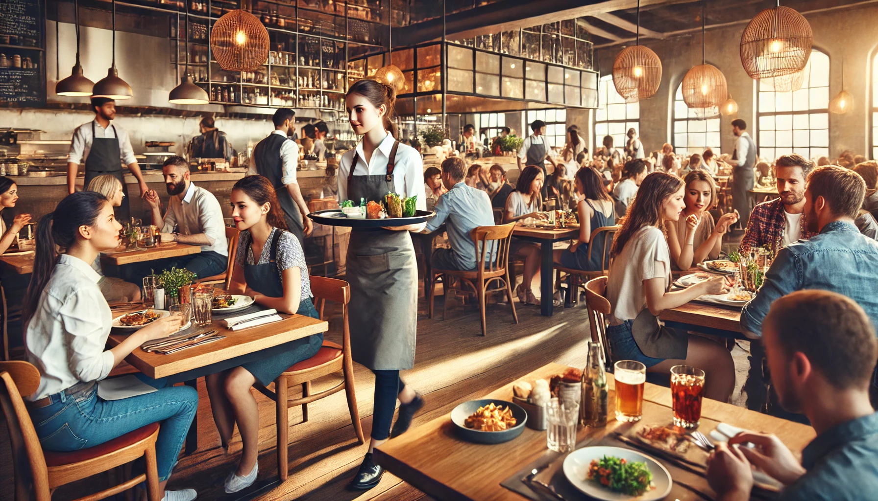 a group of people sitting at tables in a restaurant