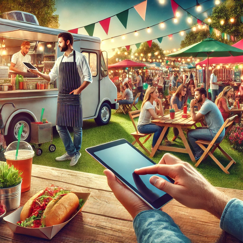 a person holding a tablet with a menu on it