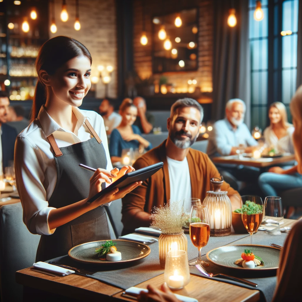 a person holding a tablet with a menu on it
