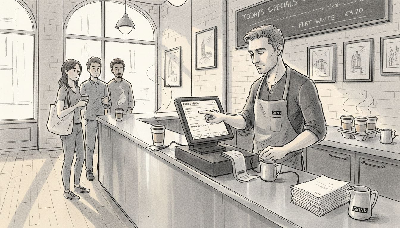 Barista using POS terminal in London café
