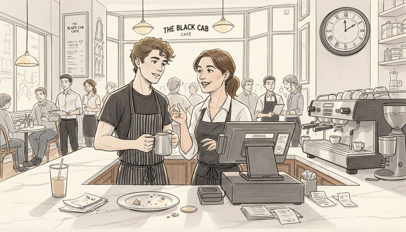 Manager operating POS in London café