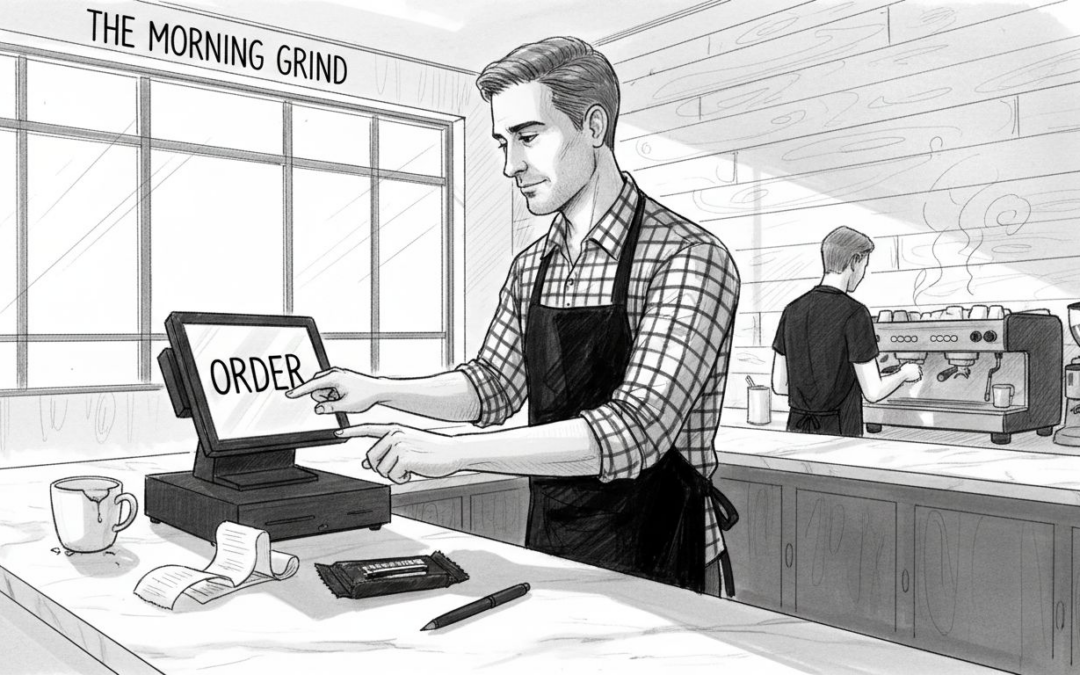 Hospitality manager working at café POS terminal