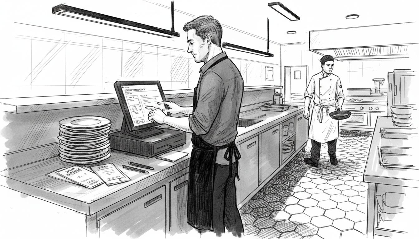 Catering manager using POS terminal in kitchen