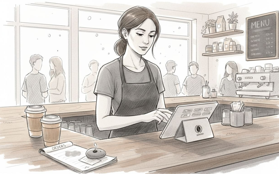 Barista using Android POS at busy cafe