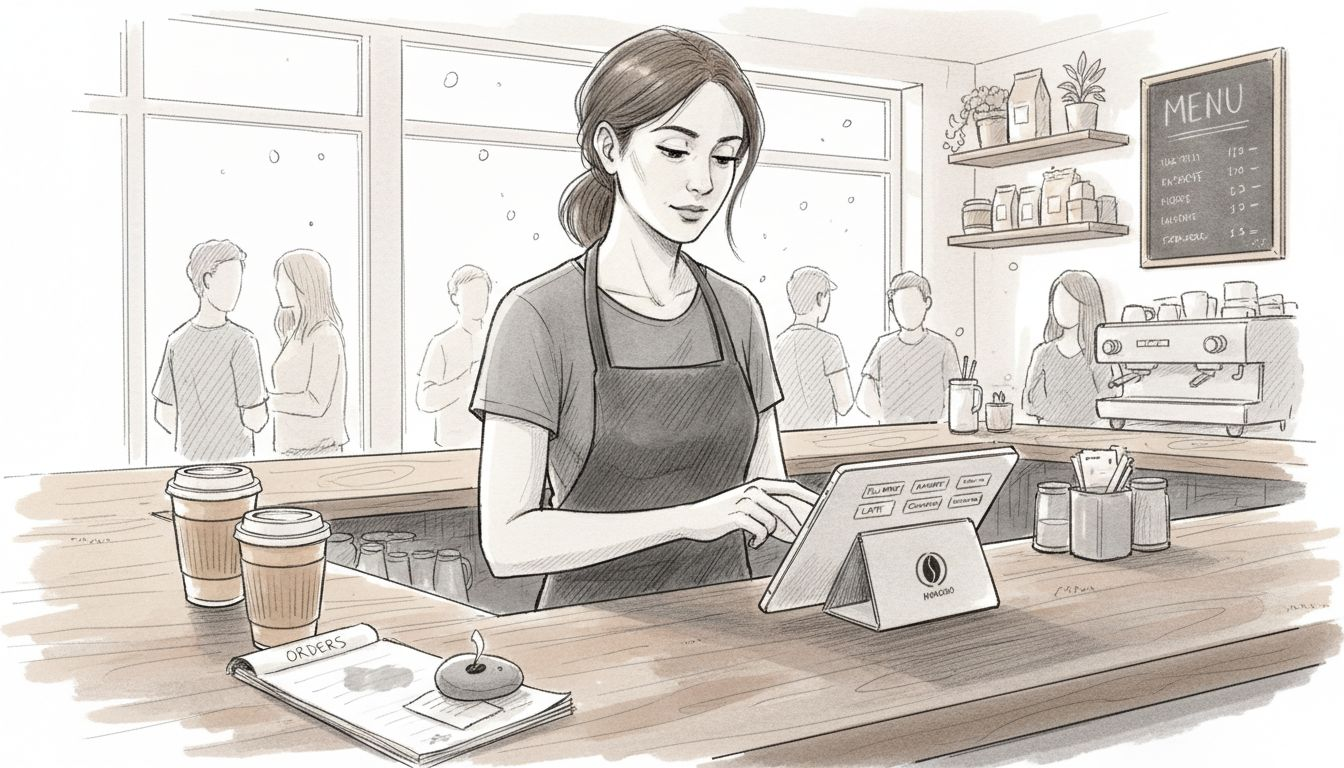 Barista using Android POS at busy cafe