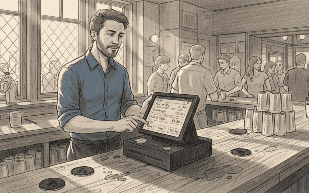 Bartender using POS at UK pub counter