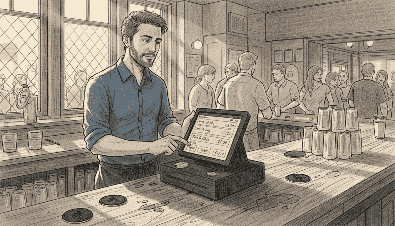 Bartender using POS at UK pub counter