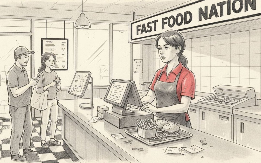 Cashier processing fast food orders at counter