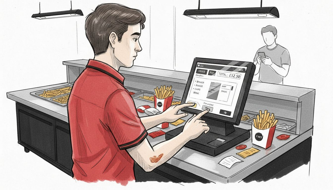 Employee working at fast food POS terminal