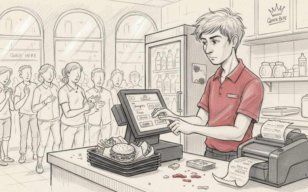 Staff using POS terminal in busy fast food