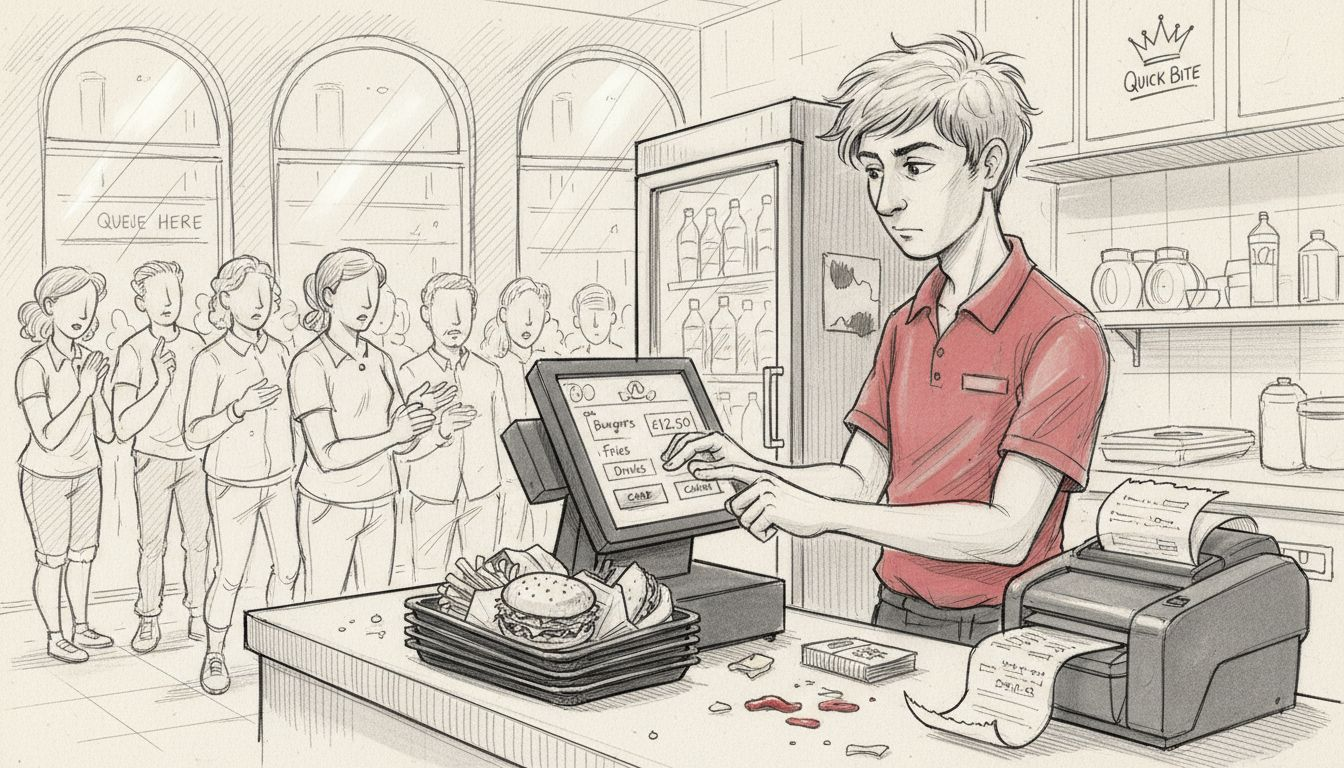 Staff using POS terminal in busy fast food