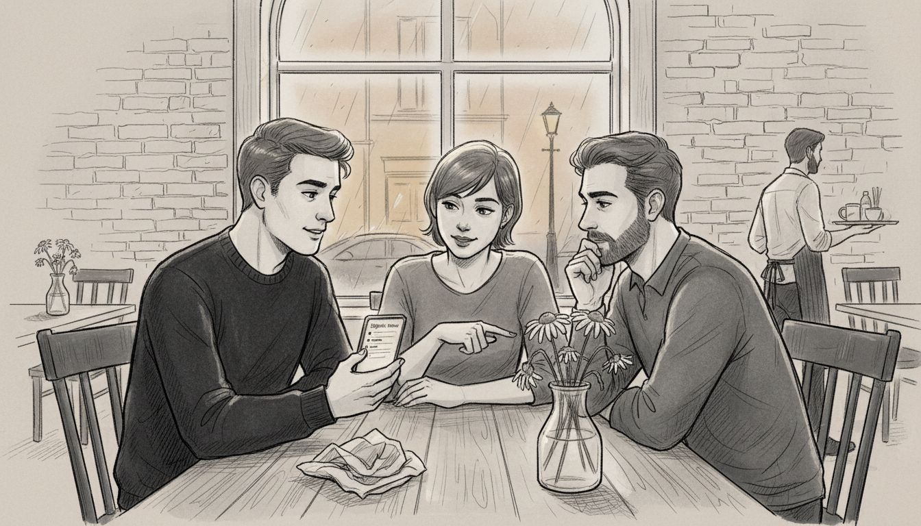 Diners browsing digital table menu in bistro