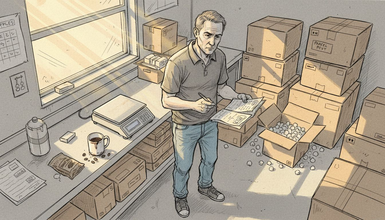 Vendor manager reviewing inventory sheets in storeroom