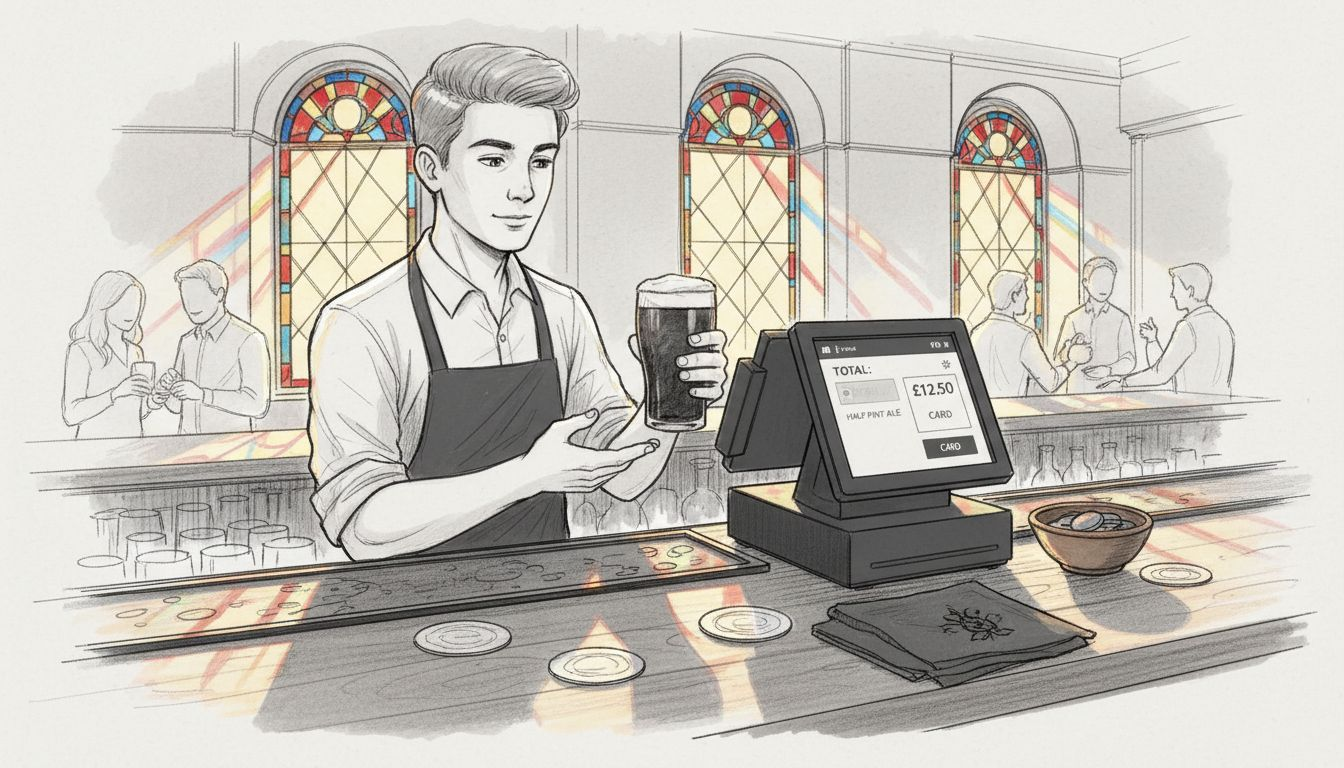 Bartender using POS terminal in busy pub
