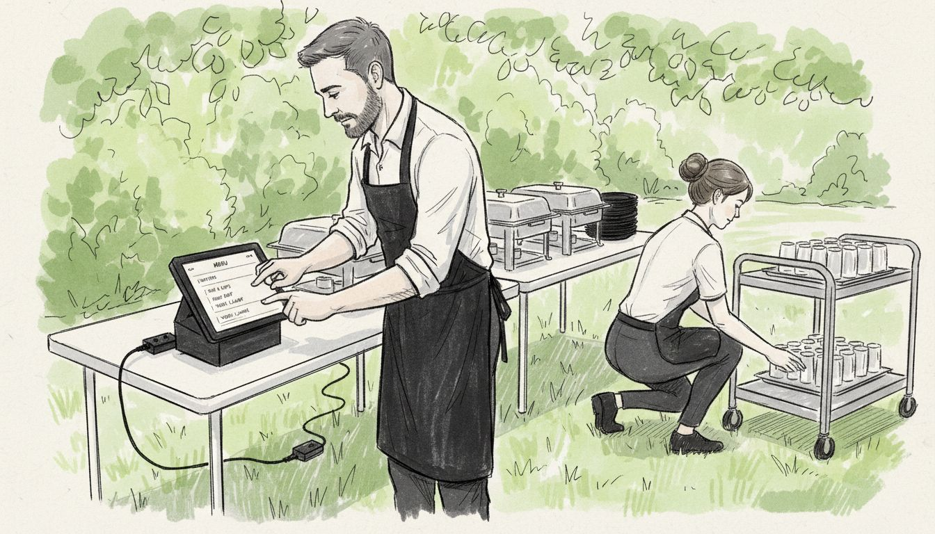 Caterer using mobile POS at garden wedding