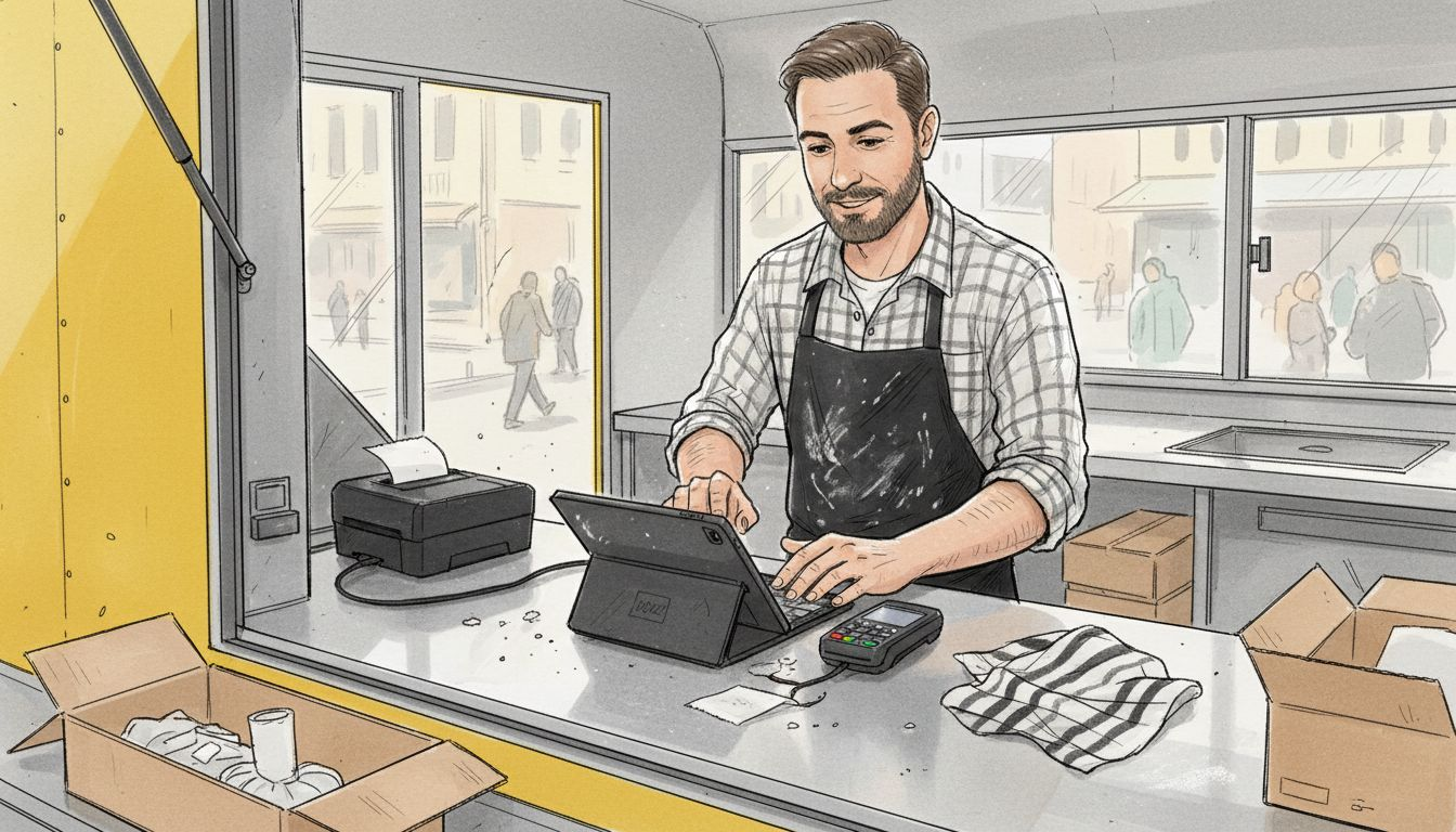 Food truck owner setting up POS system