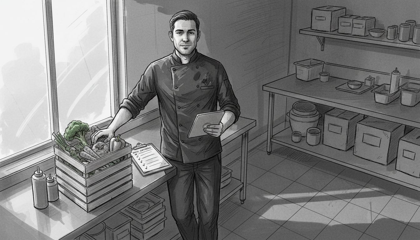 Manager checking inventory in busy kitchen