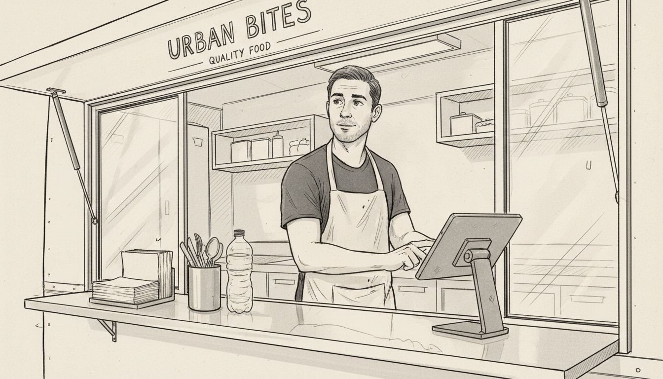 Mobile caterer using POS tablet at food truck