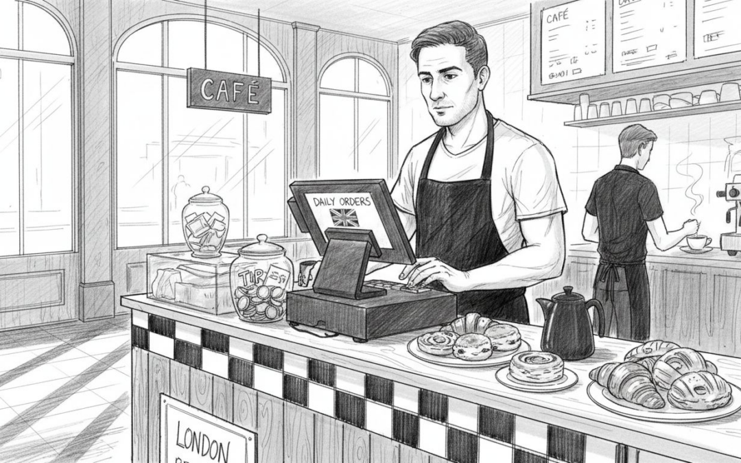 Café manager using POS at busy counter