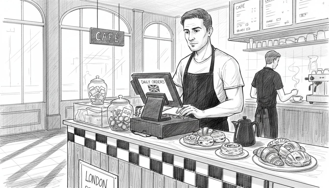 Café manager using POS at busy counter