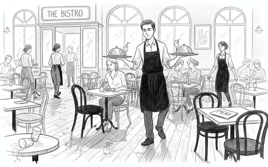 Waiter serving food in busy restaurant