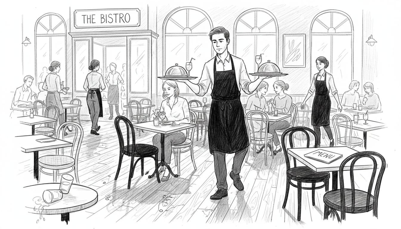 Waiter serving food in busy restaurant