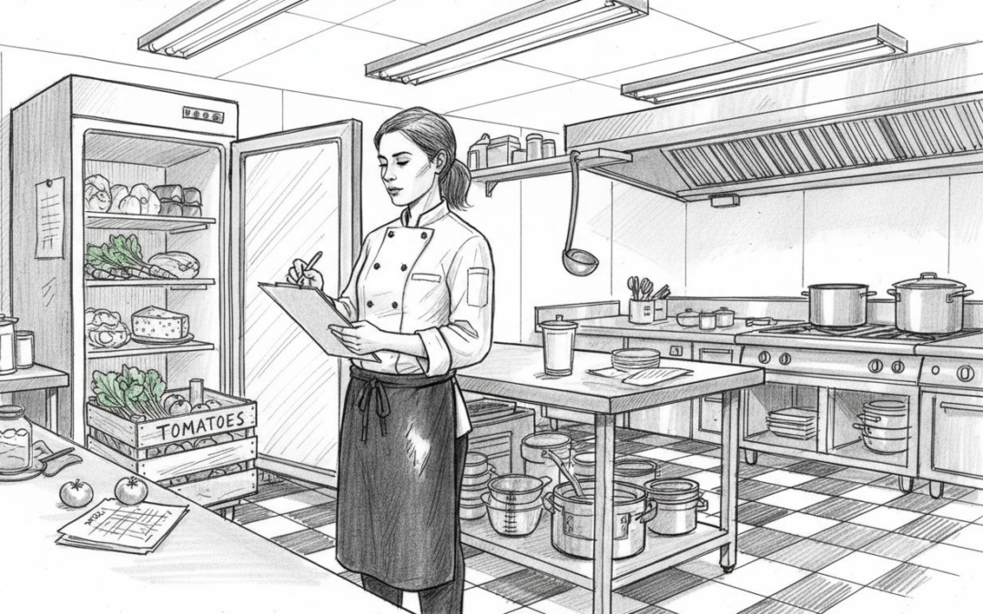 Chef using inventory checklist in bustling kitchen