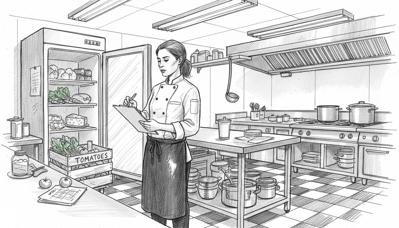 Chef using inventory checklist in bustling kitchen