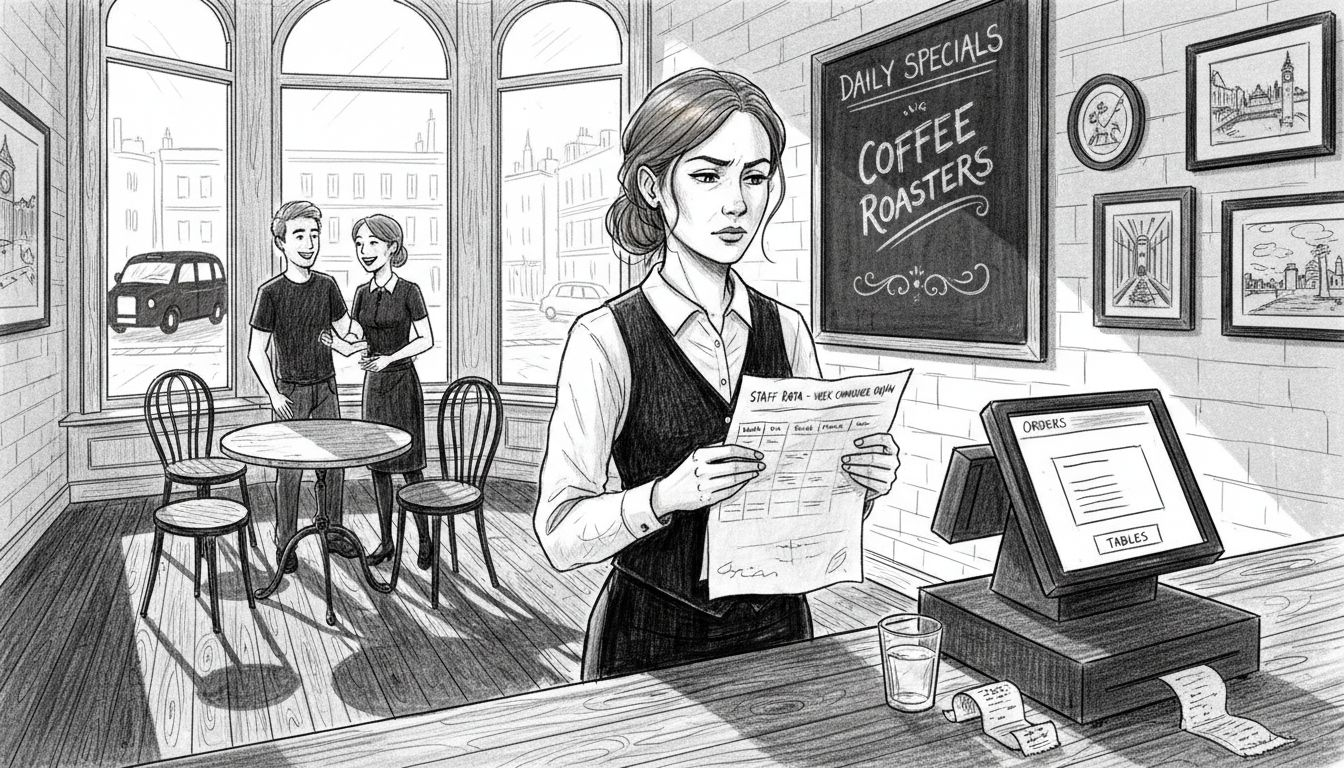 Waitress checking staff rota near POS terminal