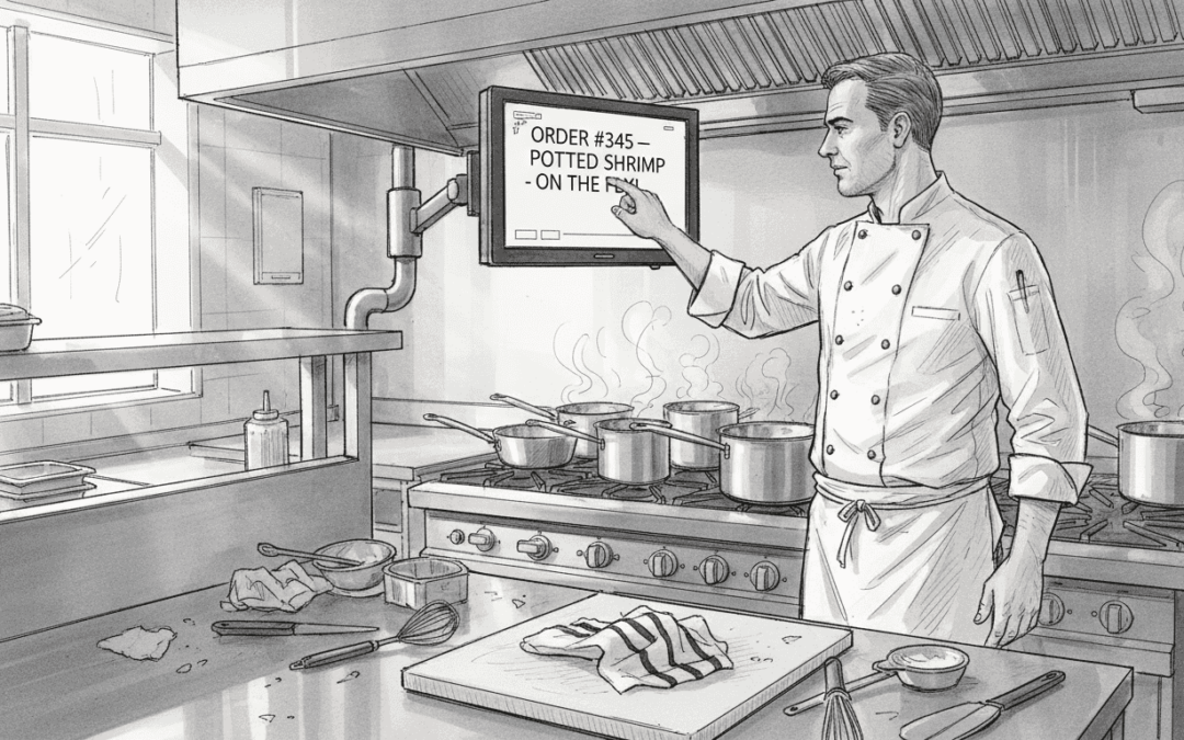 Chef using kitchen screen in busy restaurant