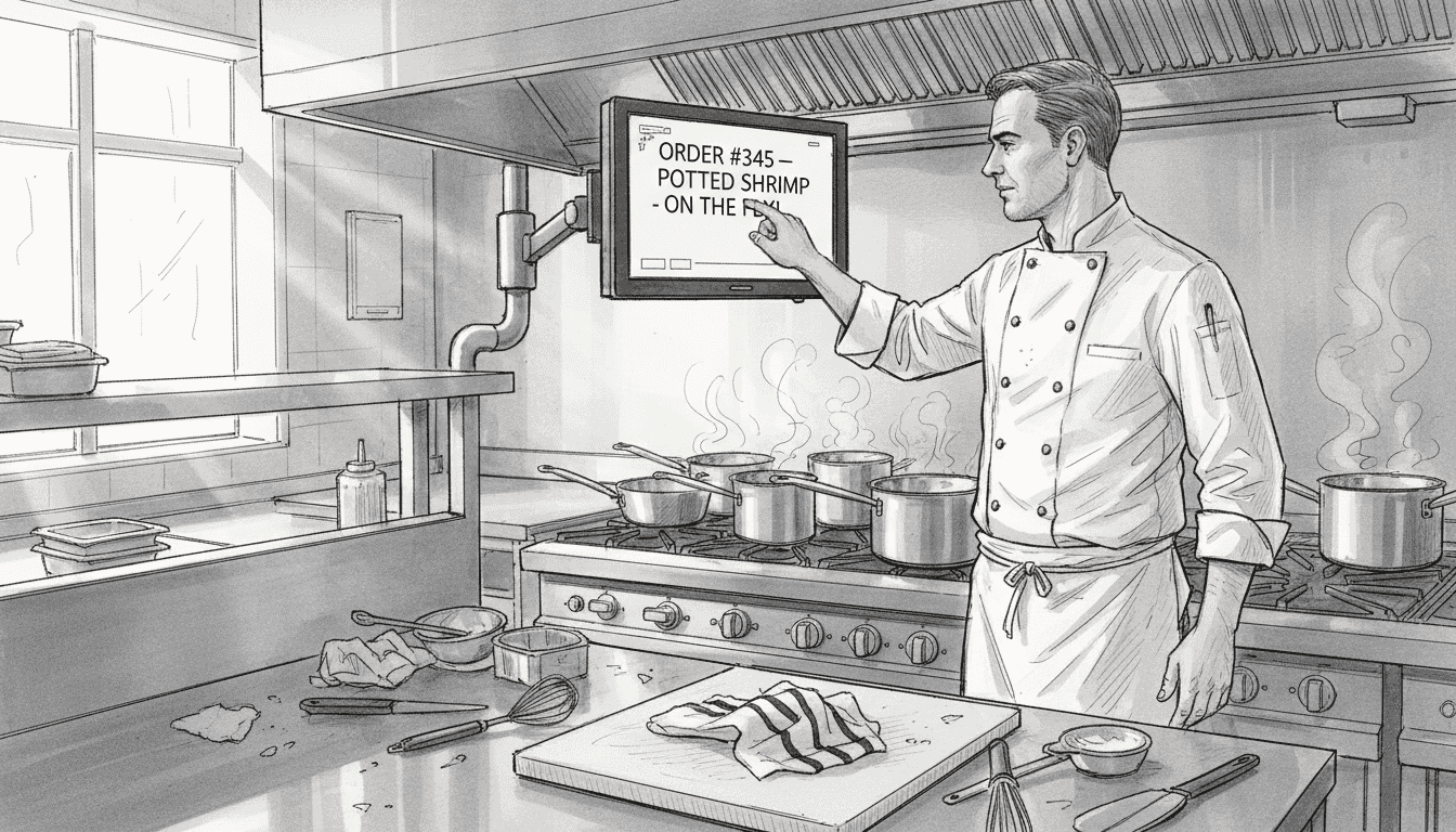 Chef using kitchen screen in busy restaurant