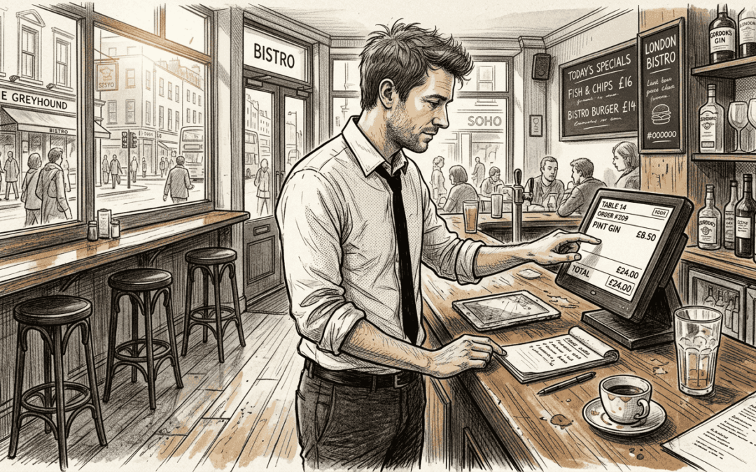 Manager using touchscreen POS at UK restaurant