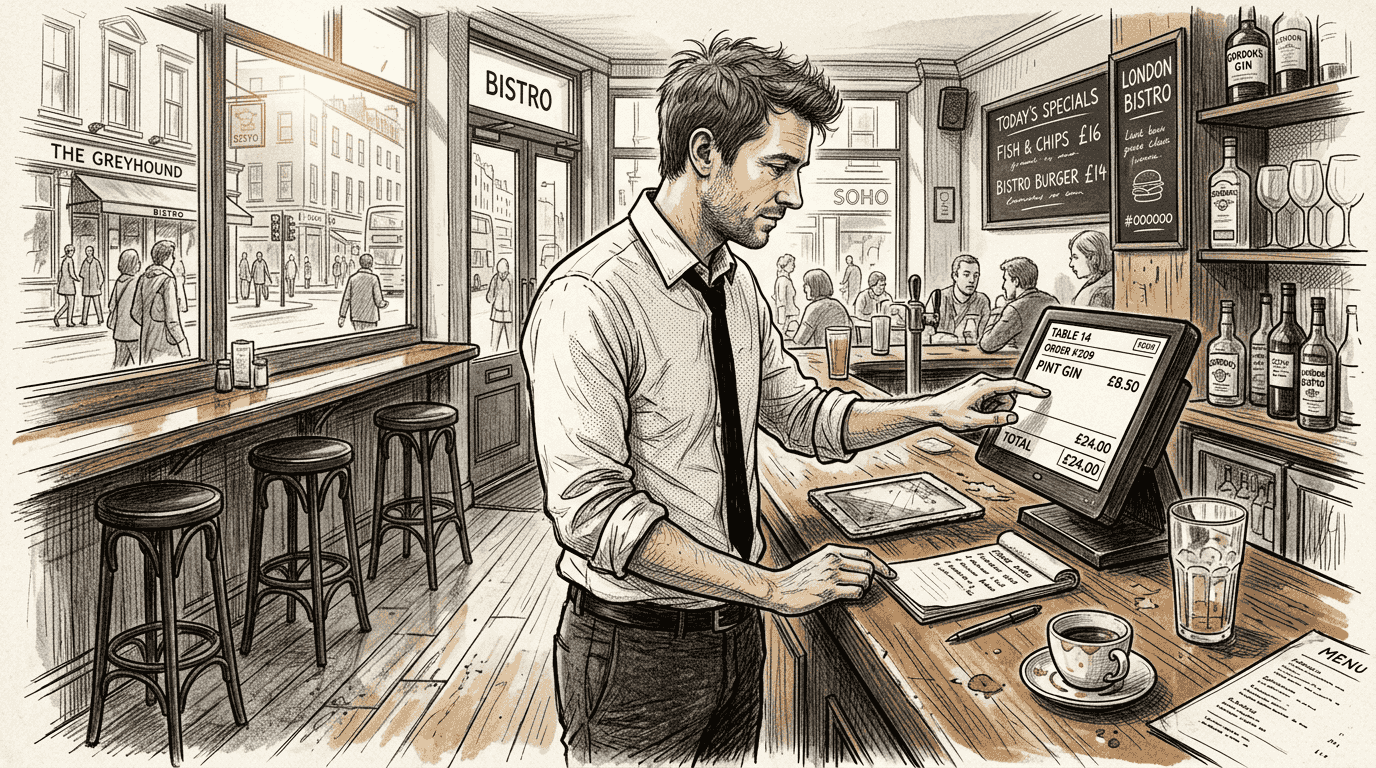 Manager using touchscreen POS at UK restaurant