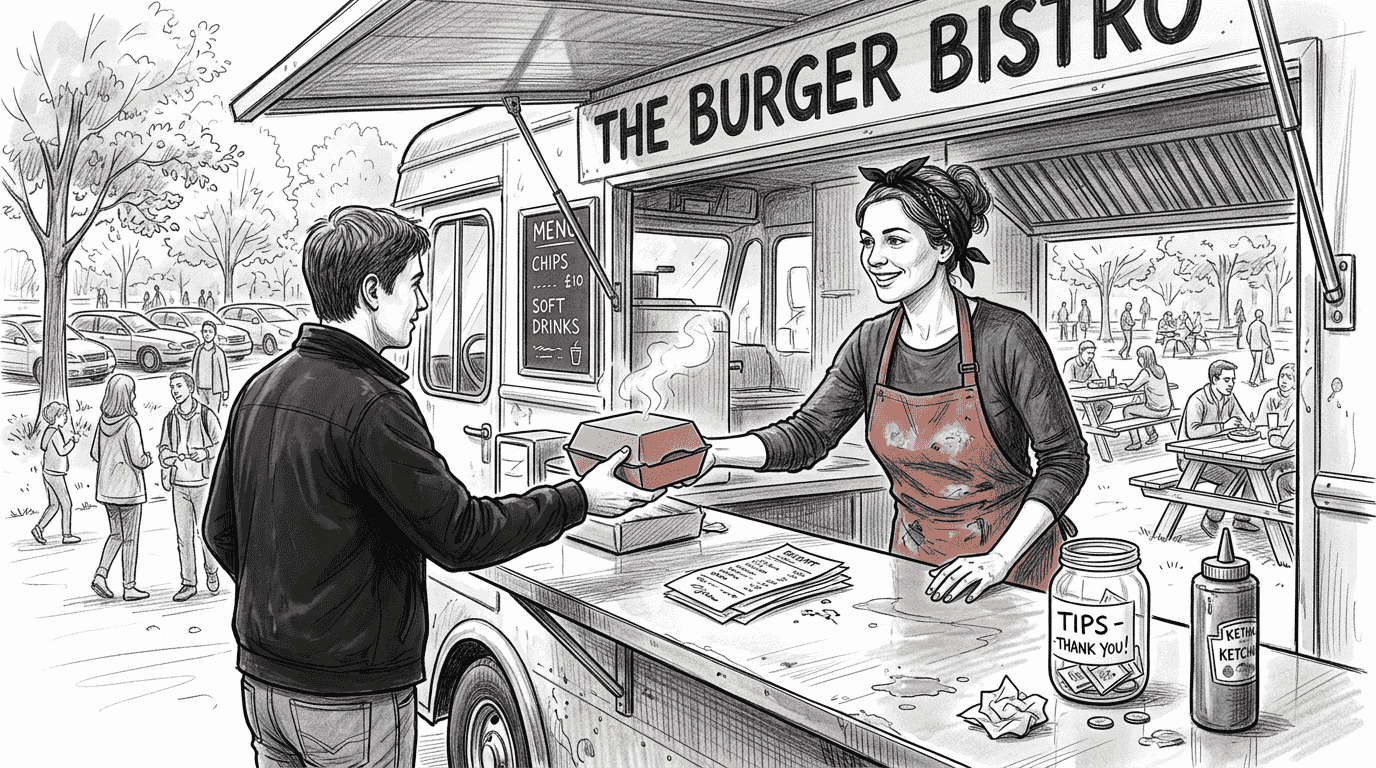 Food truck worker hands burger to customer