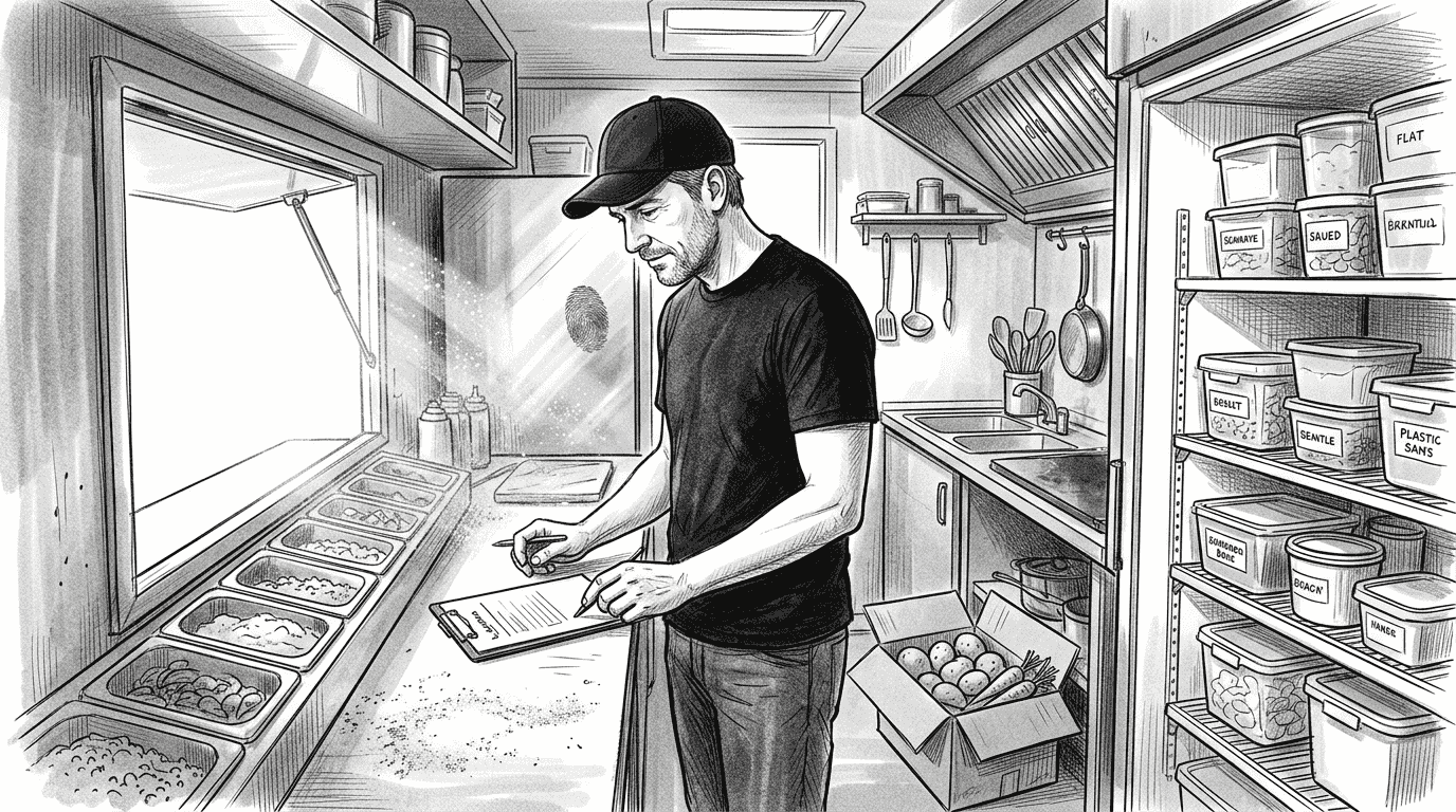 Chef checking inventory inside food truck kitchen