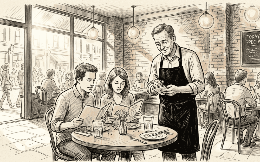 Waiter taking order in busy restaurant