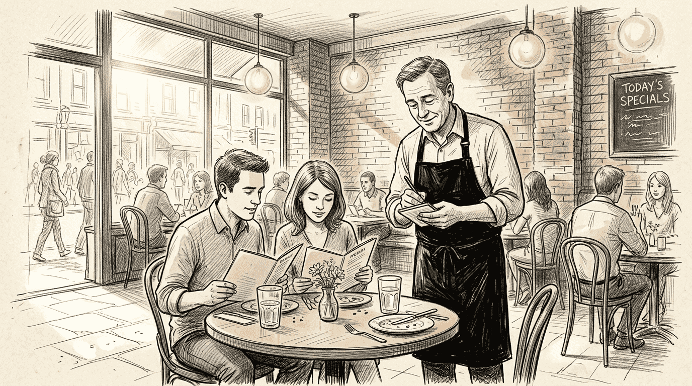 Waiter taking order in busy restaurant