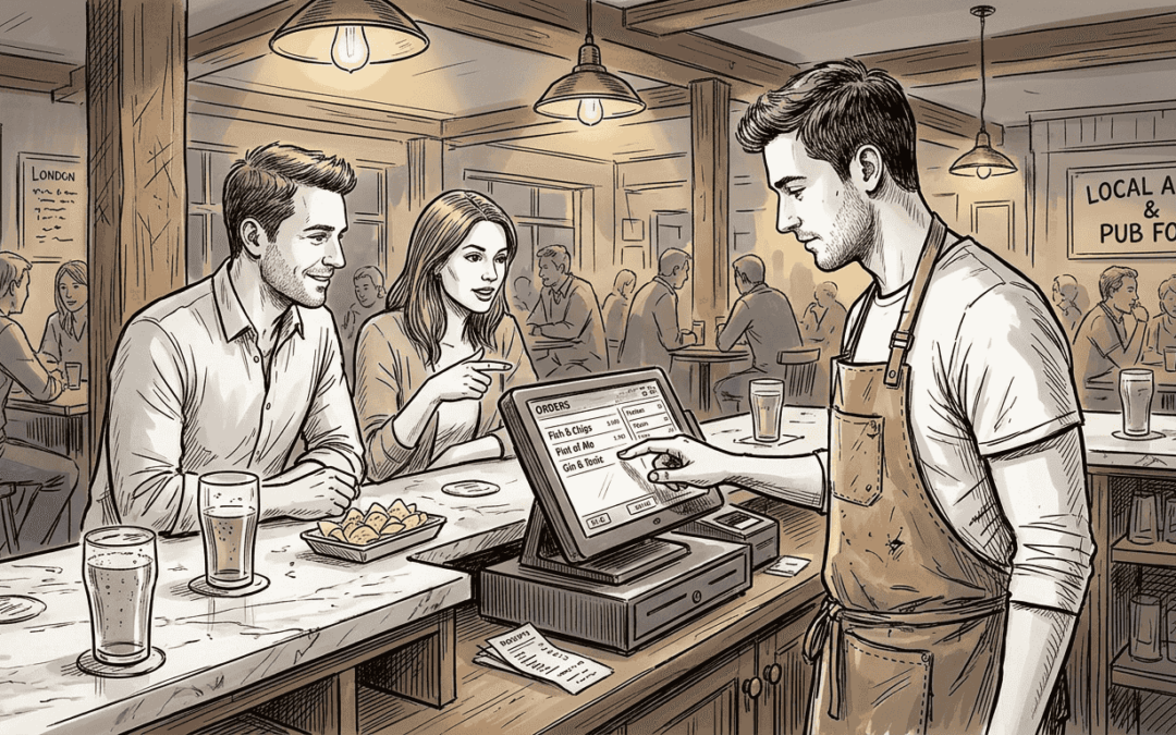 Bartender using POS at busy UK gastropub