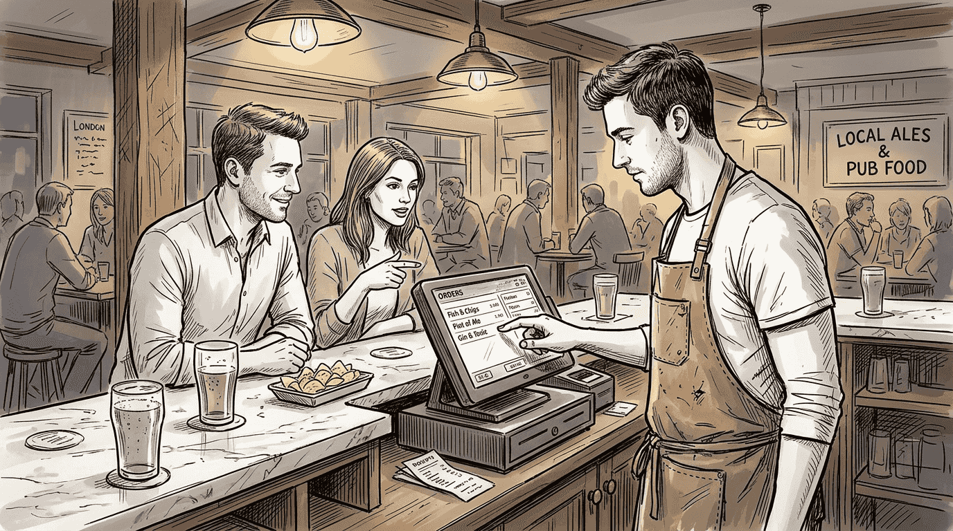Bartender using POS at busy UK gastropub