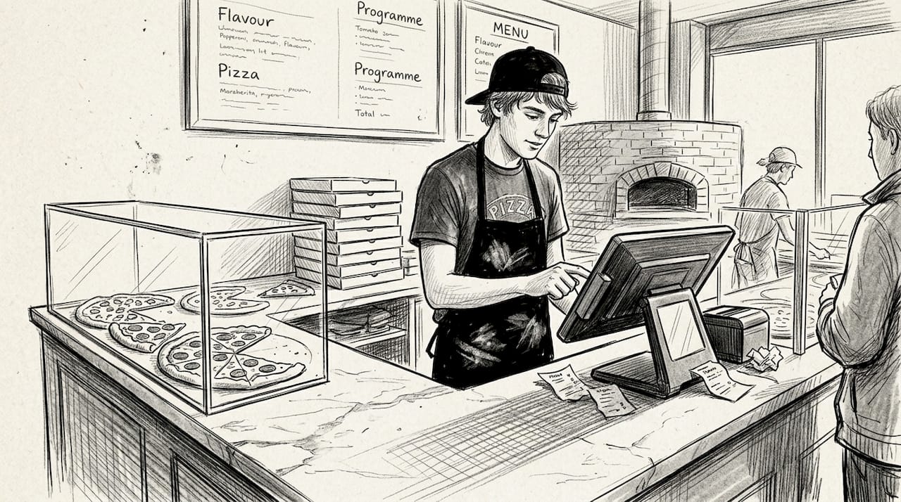 Pizza shop cashier using touchscreen POS system