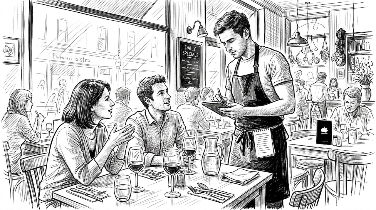 Server taking digital order at busy restaurant table