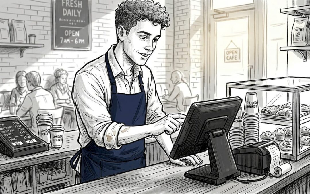 London café barista using POS at counter