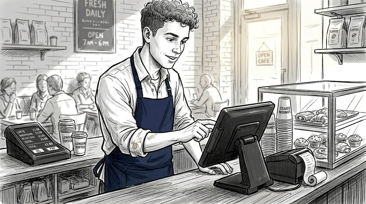 London café barista using POS at counter