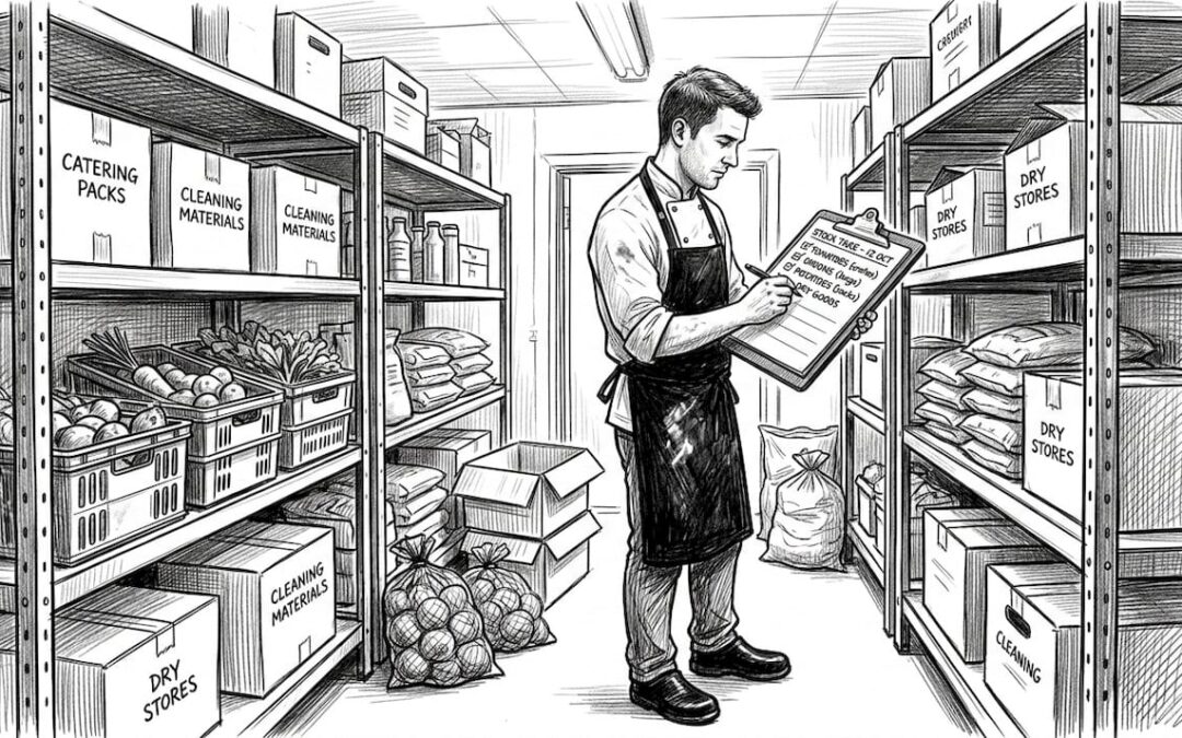 Chef checking stock in restaurant storeroom