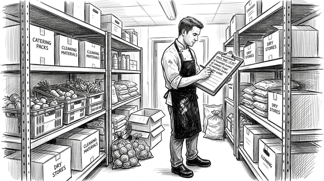 Chef checking stock in restaurant storeroom