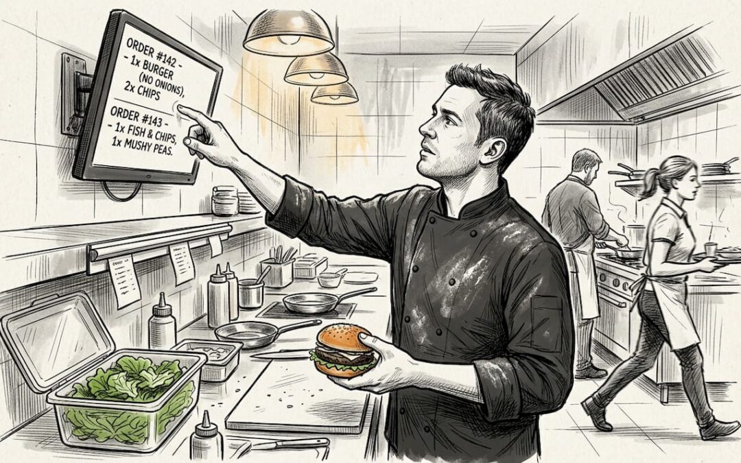 Chef checking digital kitchen display screen