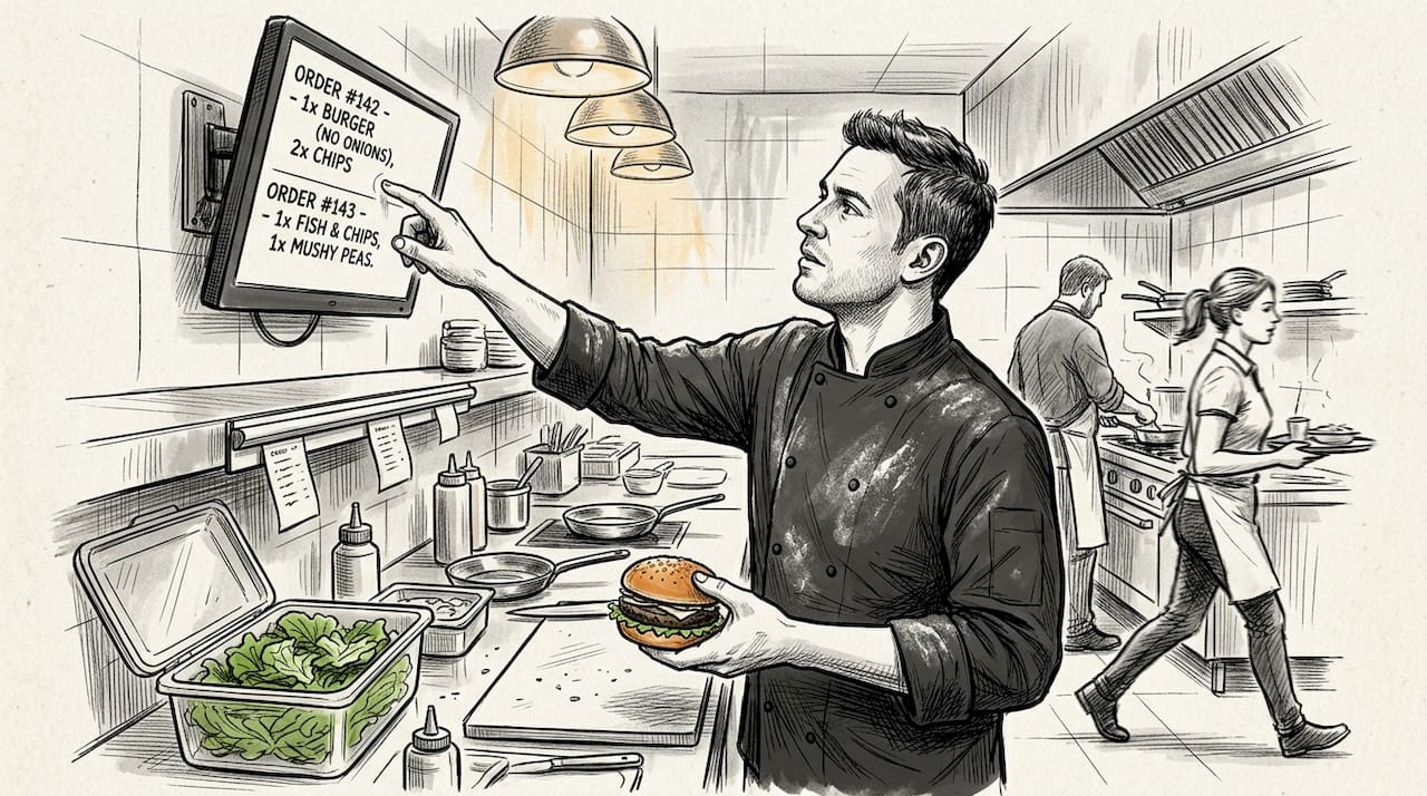 Chef checking digital kitchen display screen