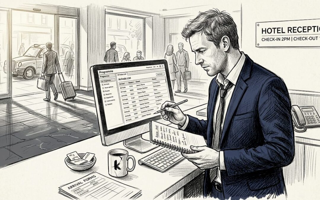 Manager reviewing hotel automation dashboard