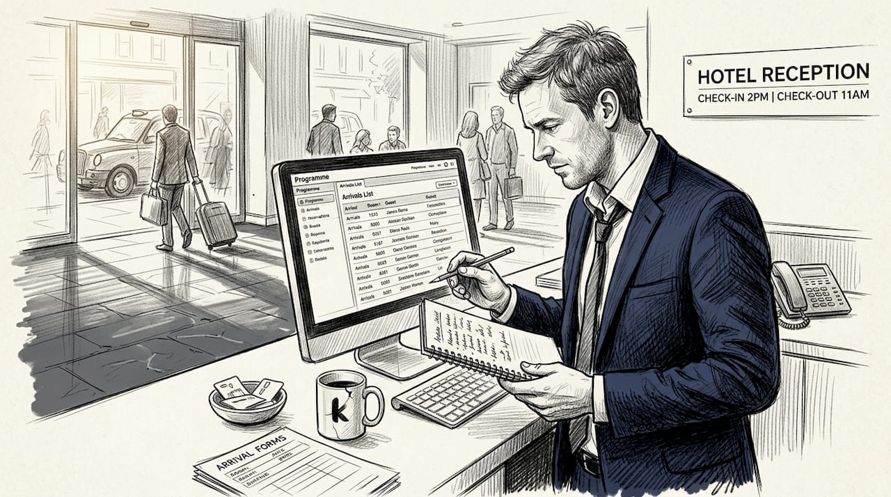 Manager reviewing hotel automation dashboard